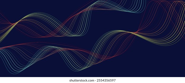 Abstract glowing wave lines on dark blue background. Dynamic wave pattern. Modern flowing wavy lines. Futuristic technology concept. Suit for banner, poster, cover, brochure, flyer, website
