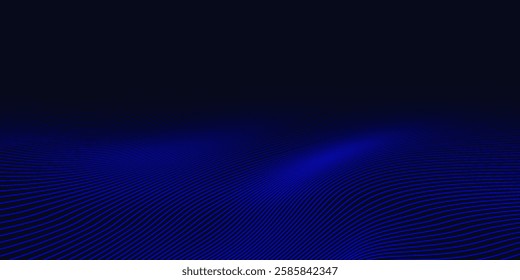 Abstract glowing wave lines on dark blue background. Dynamic wave pattern. Modern flowing wavy lines. Futuristic technology concept. Suit for banner, poster, cover, brochure, flyer, website