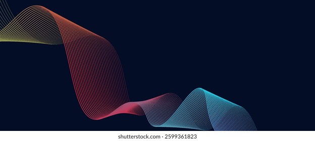 Abstract glowing wave lines on dark blue background. Dynamic wave pattern. Modern flowing wavy lines. Futuristic technology concept. Suit for banner, poster, cover, brochure, flyer, website