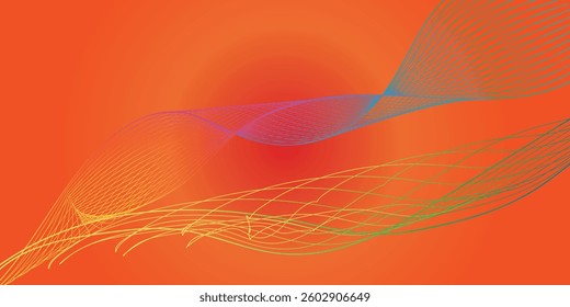 Abstract glowing wave lines on orange background. Dynamic wave pattern. Modern flowing wavy lines. Futuristic technology concept. Suit for banner, poster, cover, brochure, flyer, website