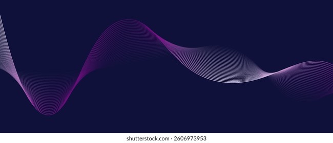 Abstract glowing wave lines on dark blue background. Dynamic wave pattern. Modern flowing wavy lines. Futuristic technology concept. Suit for banner, poster, cover, brochure, flyer, website