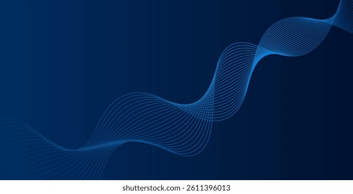 Abstract glowing wave lines on a dark blue background. Dynamic flowing pattern. Futuristic technology concept with smooth, modern, wavy line elements.