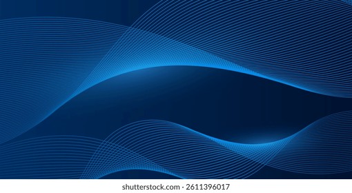 Abstract glowing wave lines on a dark blue background. Dynamic flowing pattern. Futuristic technology concept with smooth, modern, wavy line elements.