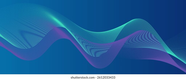 Abstract glowing wave lines on dark blue background. Dynamic wave pattern. Modern flowing wavy lines. Futuristic technology concept. Suit for banner,
