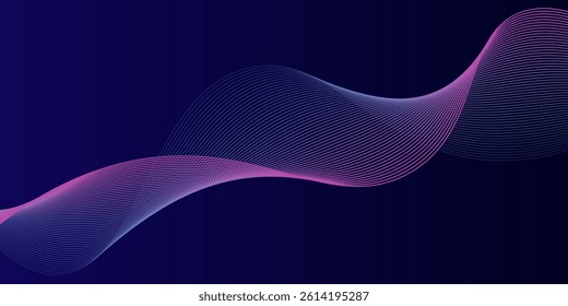 Abstract glowing wave lines on dark blue background. Dynamic wave pattern. Modern flowing wavy lines. Futuristic technology concept. Suit for banner, poster, cover, brochure, flyer, website