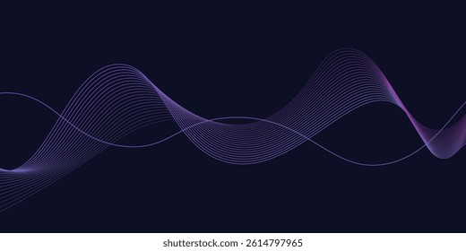 Abstract glowing wave lines on dark blue background. Modern flowing wavy lines