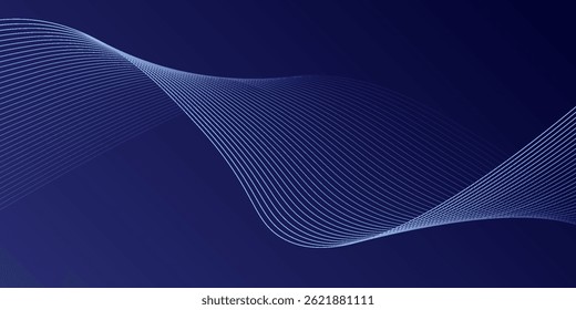 Líneas de onda brillantes Abstractas sobre fondo azul oscuro. Patrón de onda dinámica. Líneas onduladas que fluyen modernas. Concepto de tecnología futurista. Traje para el Anuncio, cartel, cubierta, folleto, volante, Sitio web