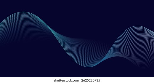 Abstract glowing wave lines on dark blue background. Dark abstract background with Shiny moving line. Modern flowing wavy lines Suit for banner, poster, cover, brochure, flyer, website. 
