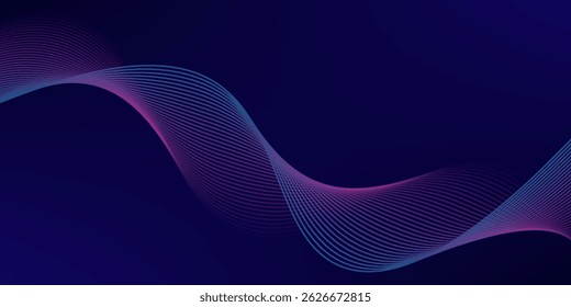 Linhas de onda brilhantes abstratas em fundo azul escuro. Padrão de onda dinâmico. Modernas linhas onduladas fluindo. Conceito de tecnologia futurista. Terno para banner, cartaz, capa, brochura, folheto, site