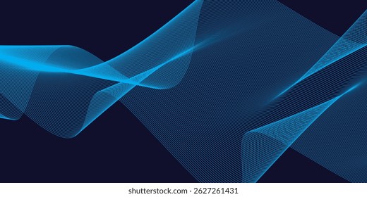Líneas de onda brillantes Abstractas sobre fondo azul oscuro. Patrón de onda dinámica. Líneas onduladas que fluyen modernas. Tecnología futurista