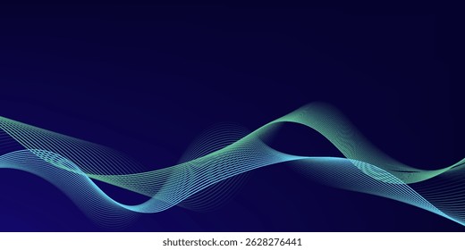 Abstract glowing wave lines on dark blue background. Dynamic wave pattern. Modern flowing wavy lines. Futuristic technology concept. Suit for banner, poster, cover, brochure, flyer, website