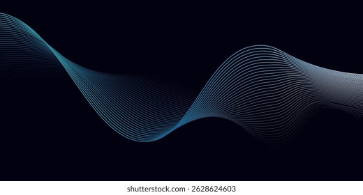 Abstract glowing wave lines on dark blue background. Dark abstract background with Shiny moving line. Modern flowing wavy lines Suit for banner, poster, cover, brochure, flyer, website. 
