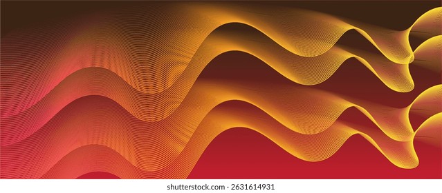 Abstractas líneas ondulatorias brillantes sobre fondo rojo oscuro, amarillo y oro. Patrón de onda dinámica. Líneas onduladas que fluyen modernas. Concepto de tecnología futurista. Vector