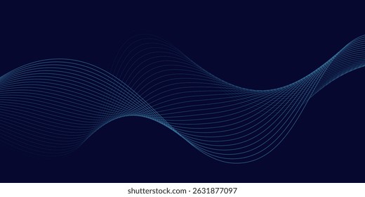 Líneas de onda brillantes Abstractas sobre fondo azul oscuro. Patrón de onda dinámica. Líneas onduladas que fluyen modernas. Concepto de tecnología futurista.