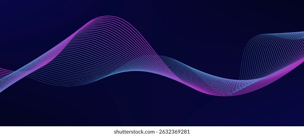 Abstract glowing wave lines on dark blue background. Dynamic wave pattern. Modern flowing wavy lines. Futuristic technology concept. Suit for banner, poster, cover, brochure, flyer, website