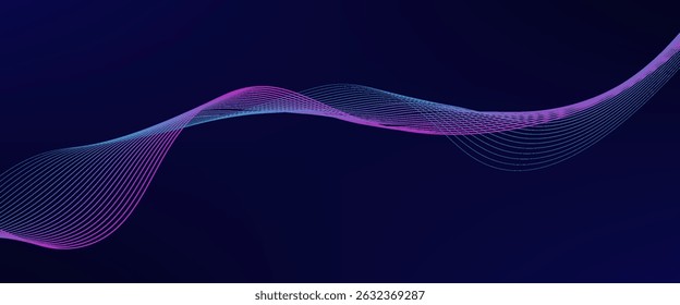 Linhas de onda brilhantes abstratas em fundo azul escuro. Padrão de onda dinâmico. Modernas linhas onduladas fluindo. Conceito de tecnologia futurista. Terno para banner, cartaz, capa, brochura, folheto, site
