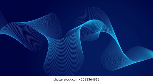 Abstract glowing wave lines on dark blue background. Dynamic wave pattern. Modern flowing wavy lines. Futuristic technology concept. Suit for banner, poster, cover, brochure, flyer, website
