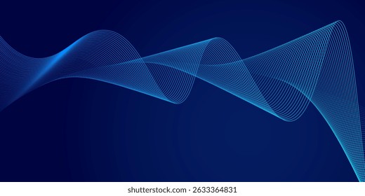 Abstract glowing wave lines on dark blue background. Dynamic wave pattern. Modern flowing wavy lines. Futuristic technology concept. Suit for banner, poster, cover, brochure, flyer, website
