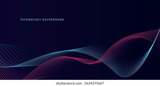 Abstract glowing wave lines on dark blue background. Dynamic wave pattern. Modern flowing wavy lines. Futuristic technology concept. Suit for banner, poster, cover, brochure, flyer, website	
