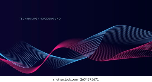 Abstract glowing wave lines on dark blue background. Dynamic wave pattern. Modern flowing wavy lines. Futuristic technology concept. Suit for banner, poster, cover, brochure, flyer, website	