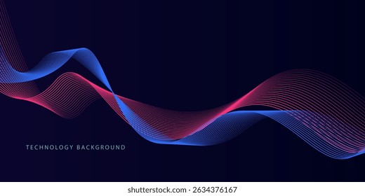 Abstract glowing wave lines on dark blue background. Dynamic wave pattern. Modern flowing wavy lines. Futuristic technology concept. Suit for banner, poster, cover, brochure, flyer, website	