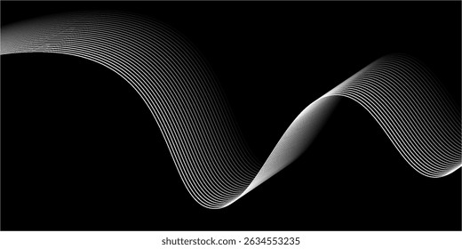 Abstract glowing wave lines on black background. Dynamic wave pattern. Modern flowing wavy lines. Futuristic technology concept. Suit for banner, poster, cover, brochure, flyer, website