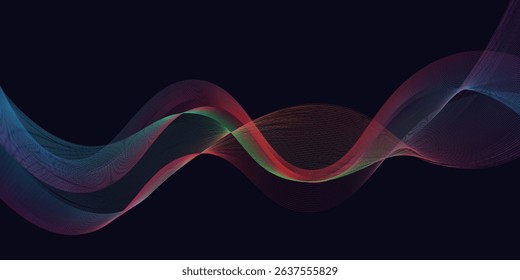 Abstract glowing wave lines on dark blue background. Dynamic wave pattern. Modern flowing wavy lines. Futuristic technology concept. Suit for banner, poster, cover, brochure, flyer, website
