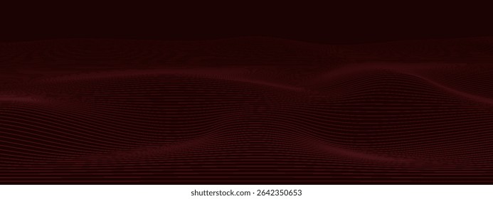 Linhas de ondas brilhantes abstratas em fundo vermelho escuro. Padrão de onda dinâmico. Modernas linhas onduladas fluindo. Conceito de tecnologia futurista. Terno para banner, capa, folheto, folheto.