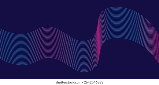 Líneas de onda brillantes Abstractas sobre fondo azul oscuro. Patrón de onda dinámica. Líneas onduladas que fluyen modernas. Concepto de tecnología futurista. Traje para el Anuncio, cartel, cubierta, folleto, volante, Sitio web