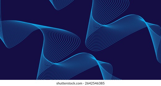 Líneas de onda brillantes Abstractas sobre fondo azul oscuro. Patrón de onda dinámica. Líneas onduladas que fluyen modernas. 