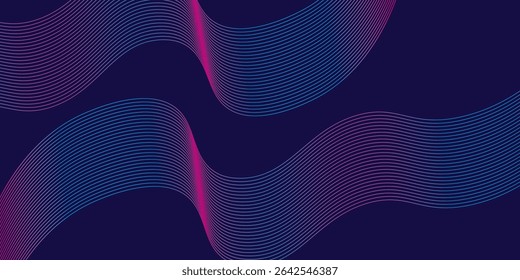 Abstract glowing wave lines on dark blue background. Dynamic wave pattern. Modern flowing wavy lines. Futuristic technology concept. Suit for banner, poster, cover, brochure, flyer, website