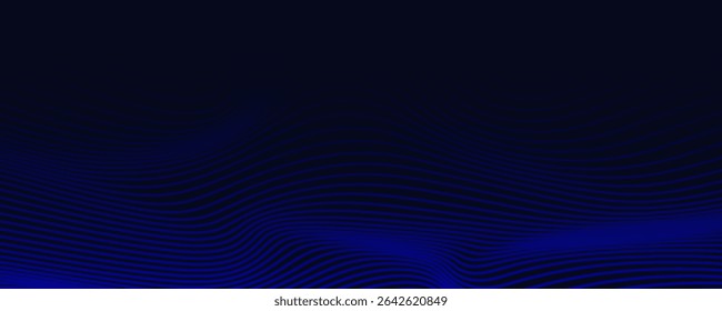 Líneas de onda brillantes Abstractas sobre fondo azul oscuro. Patrón de onda dinámica. Líneas onduladas que fluyen modernas. Concepto de tecnología futurista.