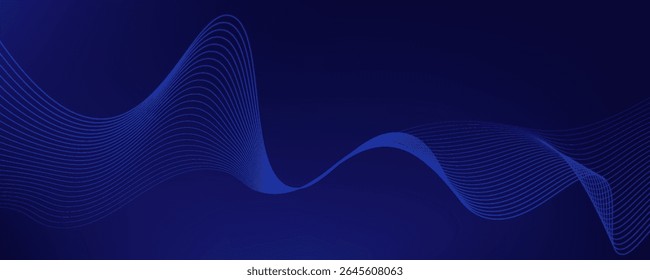 Abstract glowing wave lines on dark blue background. Dynamic wave pattern. Modern flowing wavy lines. Futuristic technology concept. Suit for banner, poster, cover, brochure, flyer, website