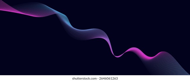 Abstract glowing wave lines on dark blue background. Dynamic wave pattern. Modern flowing wavy lines. Futuristic technology concept. Suit for banner, poster, cover, brochure, flyer, website