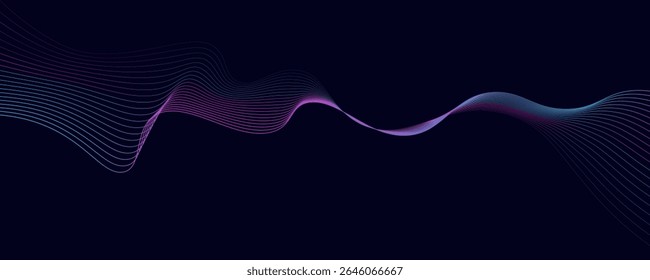 Abstract glowing wave lines on dark blue background. Dynamic wave pattern. Modern flowing wavy lines. Futuristic technology concept. Suit for banner, poster, cover, brochure, flyer, website