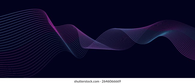 Líneas de onda brillantes Abstractas sobre fondo azul oscuro. Patrón de onda dinámica. Líneas onduladas que fluyen modernas. Concepto de tecnología futurista. Traje para el Anuncio, cartel, cubierta, folleto, volante, Sitio web