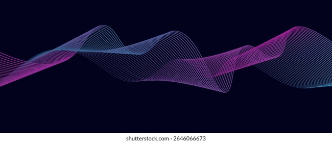 Abstract glowing wave lines on dark blue background. Dynamic wave pattern. Modern flowing wavy lines. Futuristic technology concept. Suit for banner, poster, cover, brochure, flyer, website