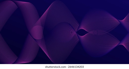 Linhas de onda brilhantes abstratas em fundo azul escuro. Padrão de onda dinâmico. Modernas linhas onduladas fluindo. Conceito de tecnologia futurista. Terno para banner, cartaz, capa, brochura, folheto, site. eps10