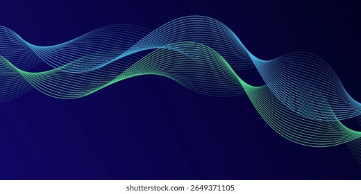 Abstract glowing wave lines on dark blue background. Dynamic wave pattern. Modern flowing wavy lines. Futuristic technology concept. Suit for banner, poster, cover, brochure, flyer, website