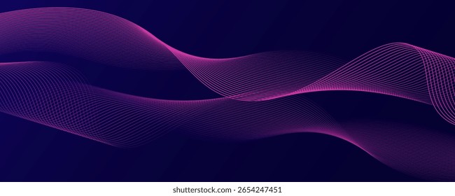 Líneas de onda brillantes Abstractas sobre fondo azul oscuro. Patrón de onda dinámica. Líneas onduladas que fluyen modernas. Concepto de tecnología futurista. Traje para el Anuncio, cartel, cubierta, folleto, volante, Sitio web. moderno