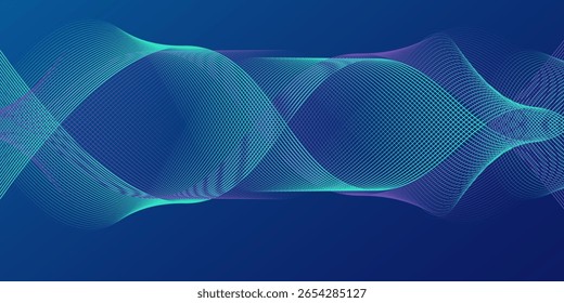 Líneas de onda brillantes Abstractas sobre fondo azul oscuro. Patrón de onda dinámica. Líneas onduladas que fluyen modernas. Concepto de tecnología futurista. Traje para el Anuncio, cartel, cubierta, folleto, volante. línea Vector