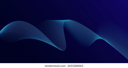 Linhas de onda brilhantes abstratas em fundo azul escuro. Padrão de onda dinâmico. Modernas linhas onduladas fluindo. Tecnologia futurista