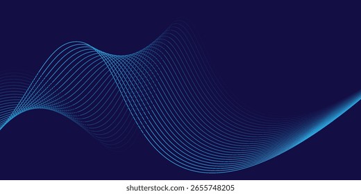 Líneas de onda brillantes Abstractas sobre fondo azul oscuro. Patrón de onda dinámica. Líneas onduladas que fluyen modernas. Concepto de tecnología futurista.