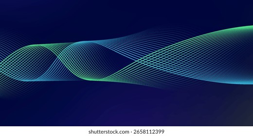 Abstrakte leuchtende Wellenlinien auf dunkelblauem Hintergrund. Dynamisches Wellenmuster. Moderne fließende Wellenlinien. Futuristisches Technologiekonzept. Anzug für Banner, Poster, Cover, Broschüre, Flyer, Website