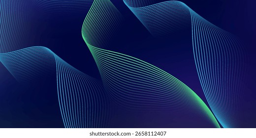 Abstract glowing wave lines on dark blue background. Dynamic wave pattern. Modern flowing wavy lines. Futuristic technology concept. Suit for banner, poster, cover, brochure, flyer, website