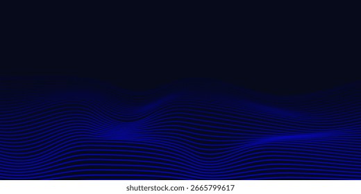 Linhas de onda brilhantes abstratas em fundo azul escuro. Padrão de onda dinâmico. Modernas linhas onduladas fluindo. Conceito de tecnologia futurista. Terno para banner, cartaz, capa, brochura, folheto, site