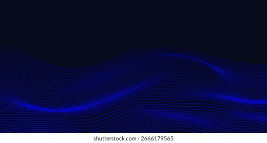 Líneas de onda brillantes Abstractas sobre fondo azul oscuro. Patrón de onda dinámica. Líneas onduladas que fluyen modernas. Concepto de tecnología futurista. Traje para el Anuncio, cartel, cubierta, folleto, volante, Sitio web