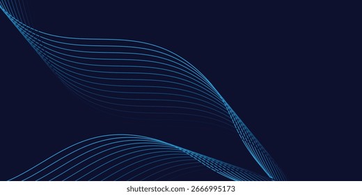 Líneas de onda brillantes Abstractas sobre fondo azul oscuro. Patrón de onda dinámica. Líneas onduladas que fluyen modernas.
