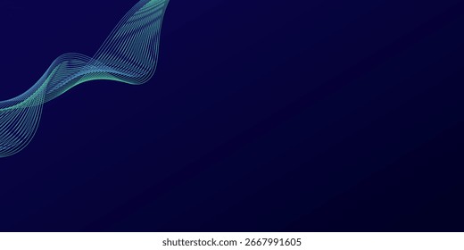 Linhas de onda brilhantes abstratas em fundo azul escuro. Padrão de onda dinâmico. Modernas linhas onduladas fluindo. Conceito de tecnologia futurista