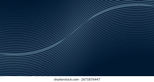 Líneas de onda brillantes Abstractas sobre fondo azul oscuro. Patrón de onda dinámica. Líneas onduladas que fluyen modernas. Concepto de tecnología futurista.